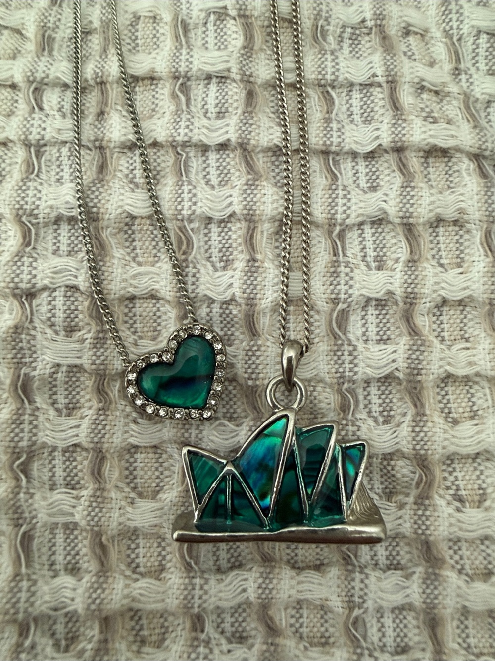Two Silver Abalone Inlay Heart and Sydney Opera House Pendant Necklaces - Green